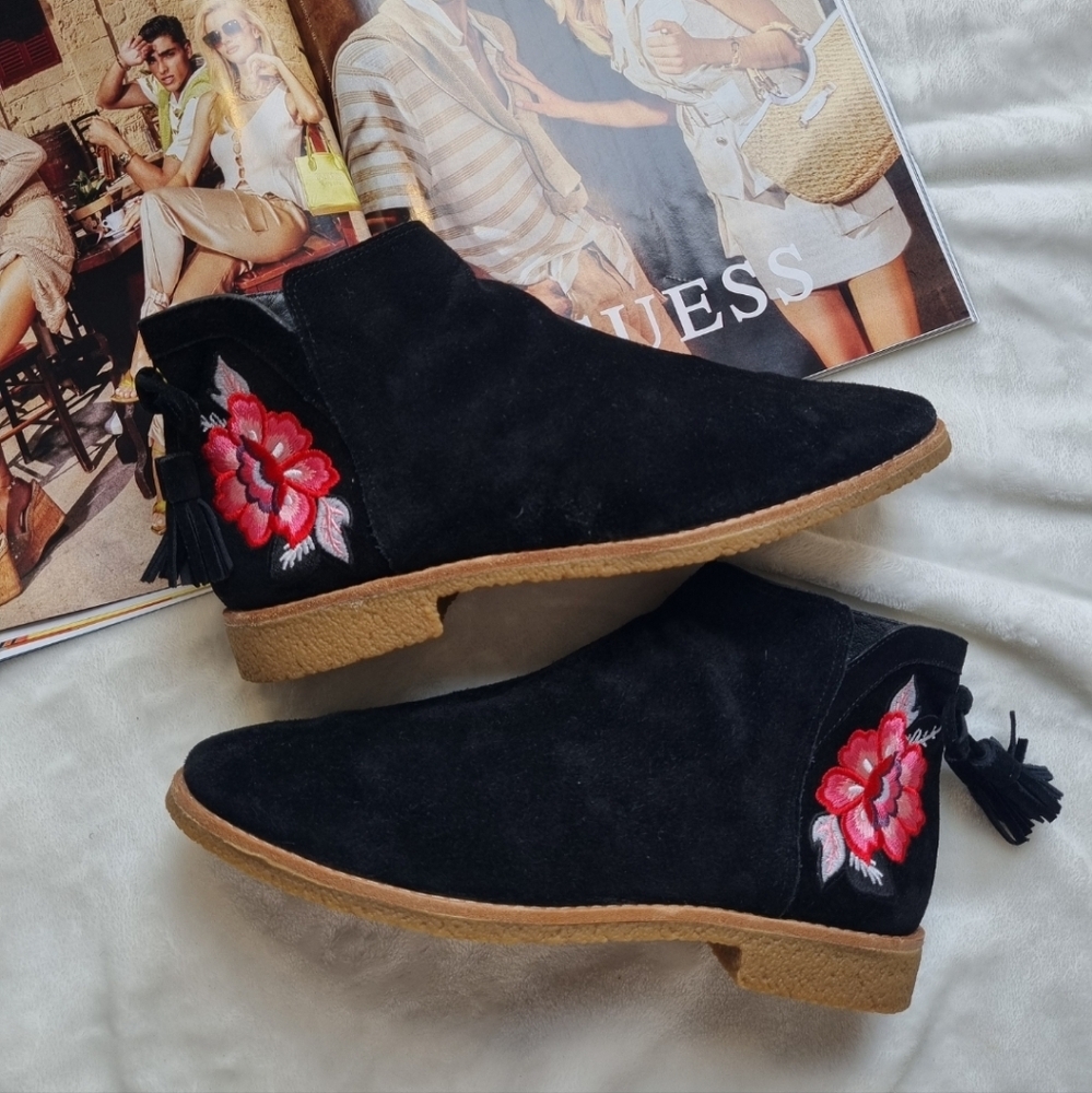 Black Suede Floral Embroidered Ankle Boots - Women's
